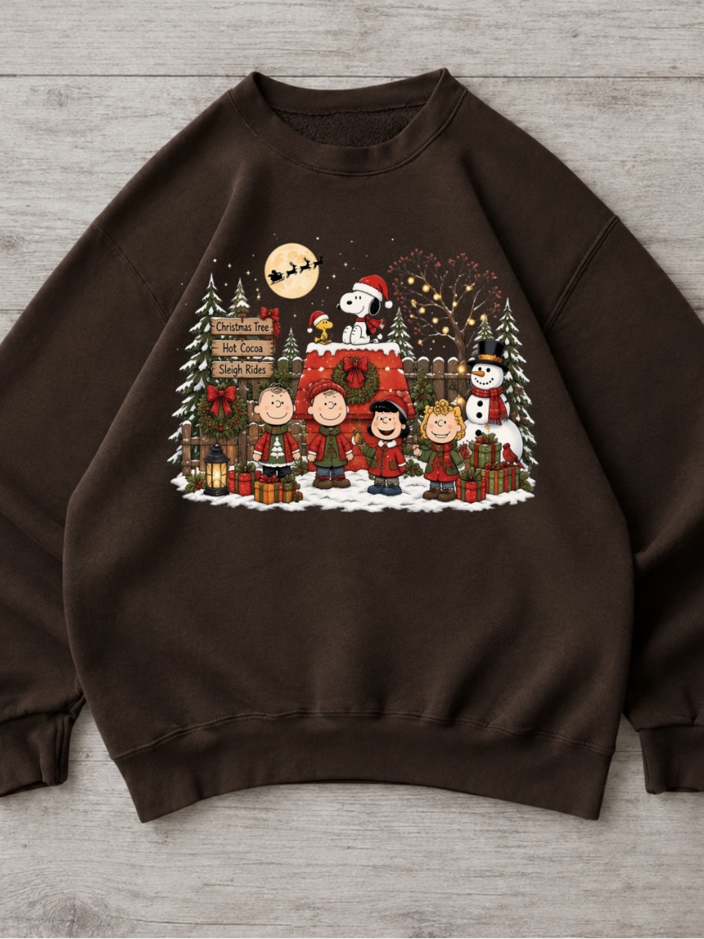 Holiday Snoopy and Friends Graphic Crewneck Sweatshirt - Retro Brown Christmas